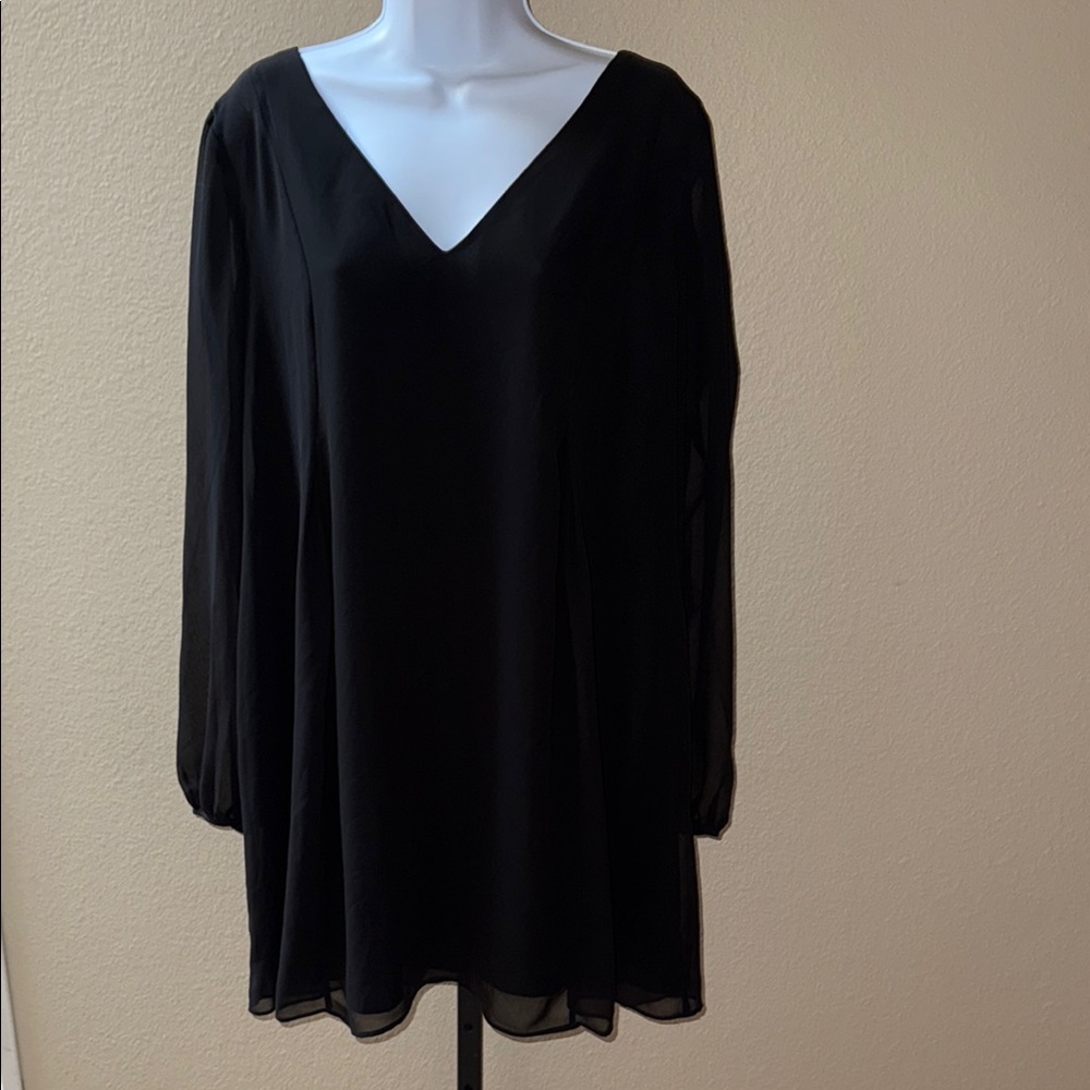BCBGeneration Women’s Black V-Neck Mini Dress with Sheer Bishop Sleeves Size L